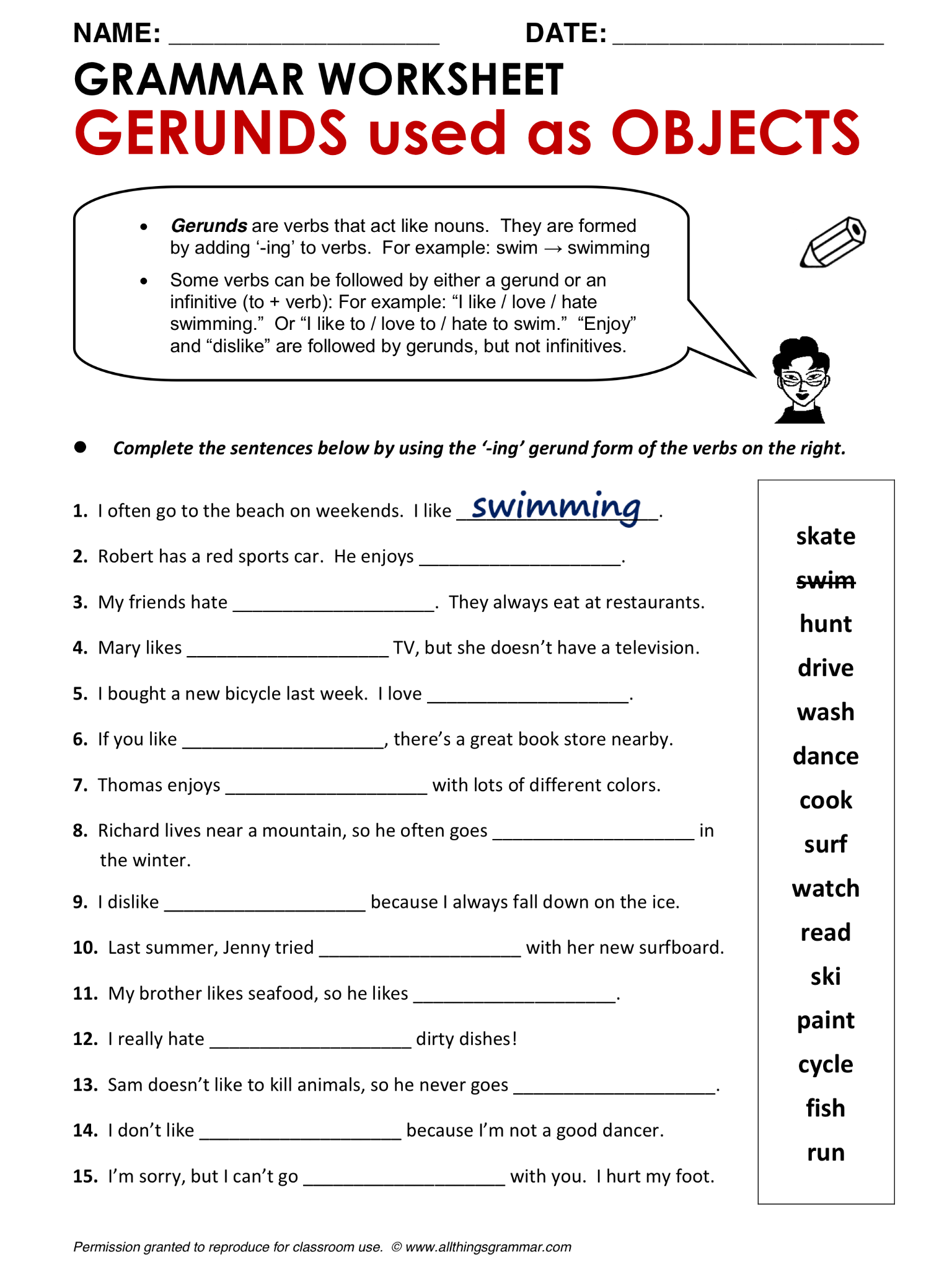 Gerund Worksheet Esl