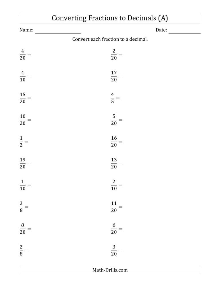 Converting Fractions To Decimals Worksheet 6th Grade With Answers