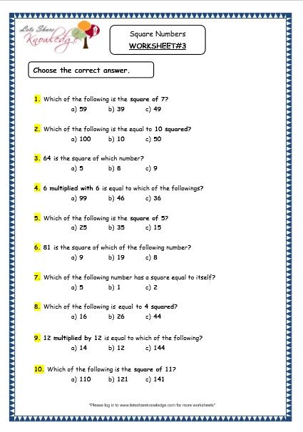 Square Numbers Worksheet Grade 4