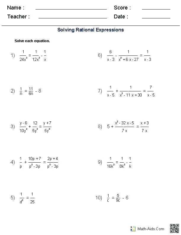 Adding And Subtracting Rational Expressions Worksheet Answer Key Algebra 2