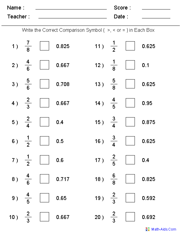 Fractions To Decimals Worksheet