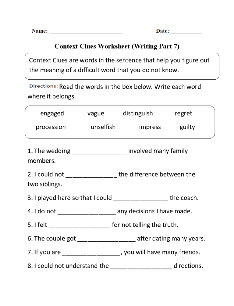 Context Clues Worksheets 1st Grade