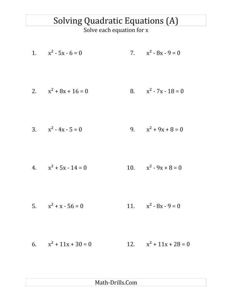 Quadratic Formula Solving Quadratic Equations Worksheet