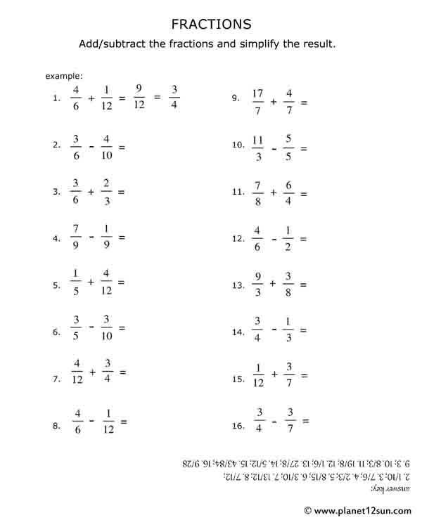 Grade 9 Math Worksheets Fractions