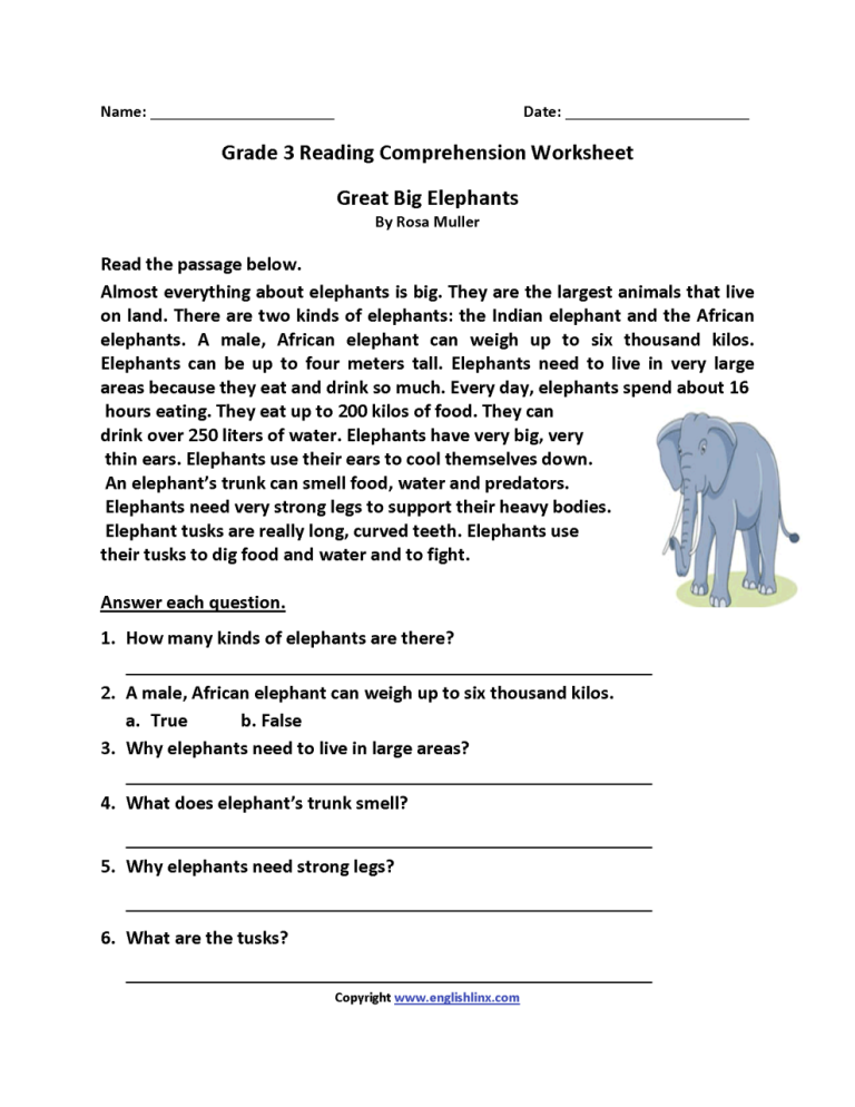 English Comprehension Worksheets For Grade 3 Pdf