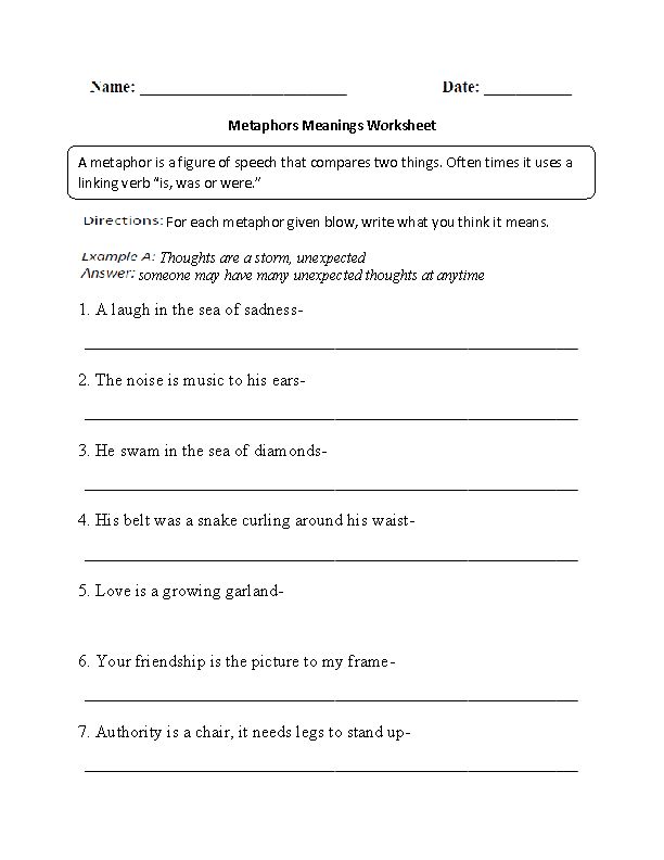 Metaphor Worksheets For Grade 6