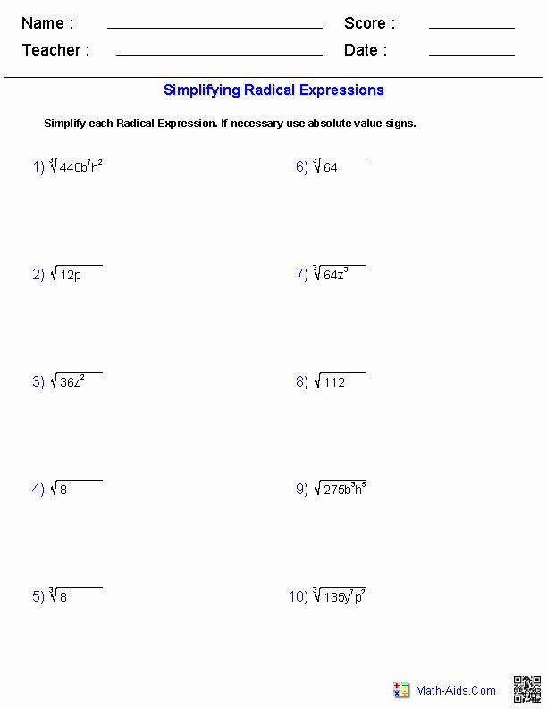 Adding And Subtracting Radicals Worksheet Answer Key Algebra 2