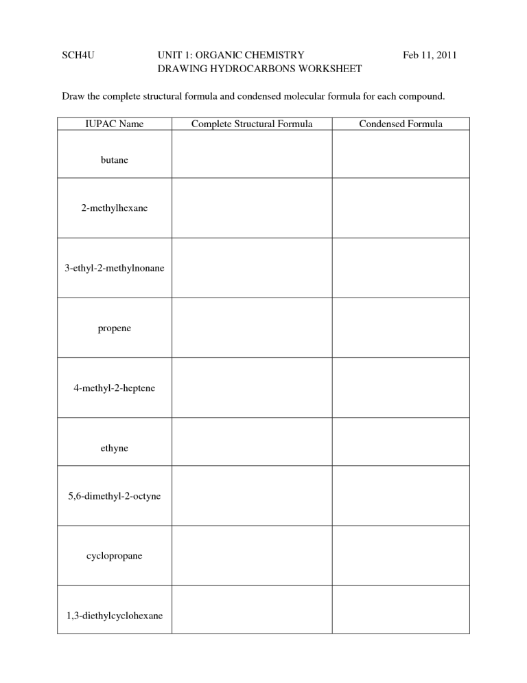 Naming And Drawing Organic Compounds Worksheet