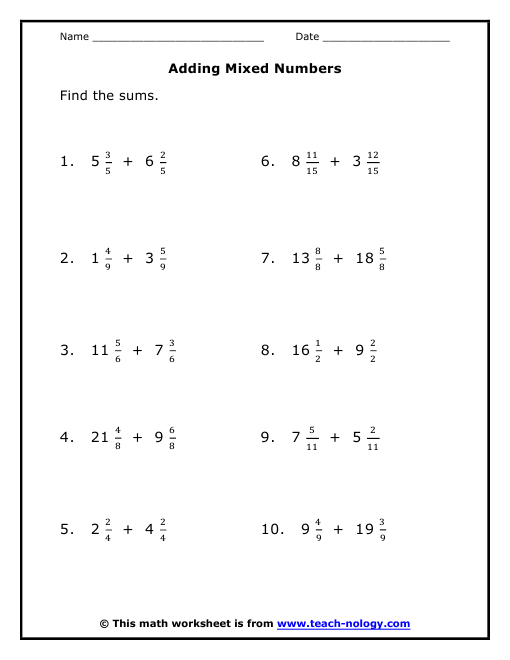 Adding Mixed Numbers Worksheet