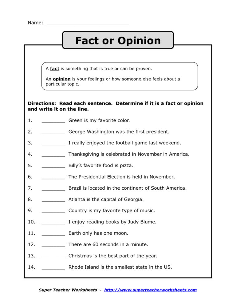 Fact And Opinion Worksheets 4th Grade