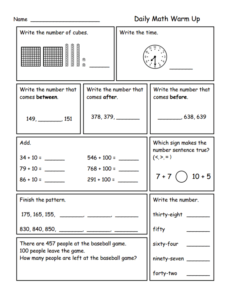 Maths Worksheet For Class 3 Pdf