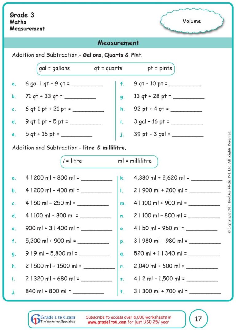 Measurement Worksheets Grade 3