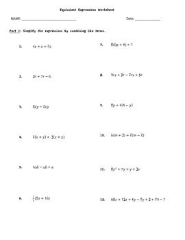 Equivalent Expressions Worksheet Answers