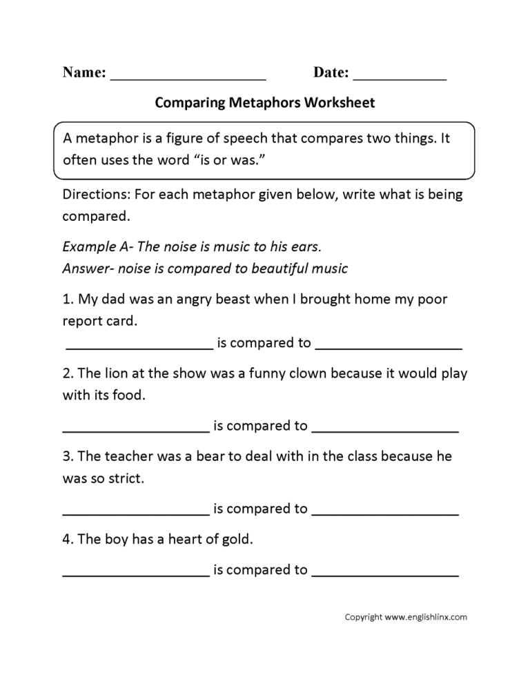 Simile And Metaphor Worksheet Free