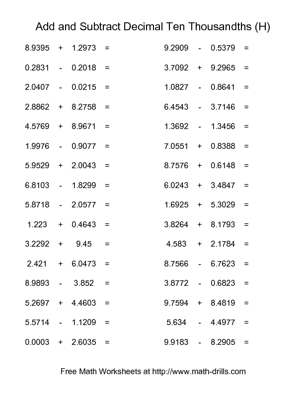 Subtracting Decimals Worksheet Horizontal