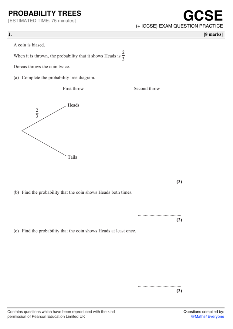 Probability Tree Diagram Worksheet Igcse