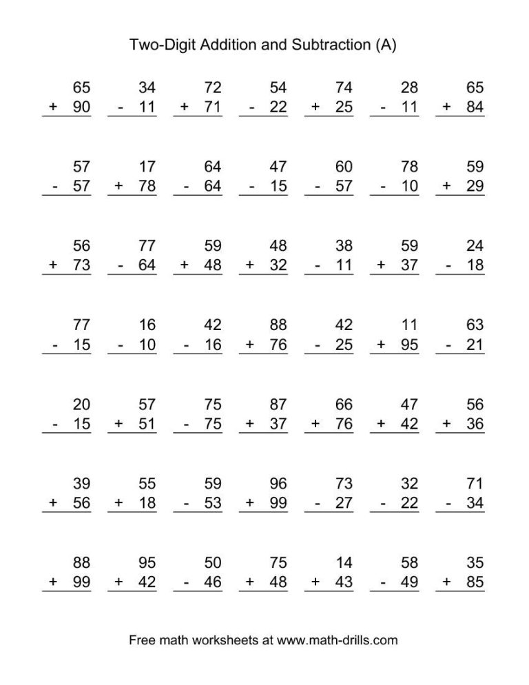 Two Digit Addition And Subtraction Worksheets For Grade 1