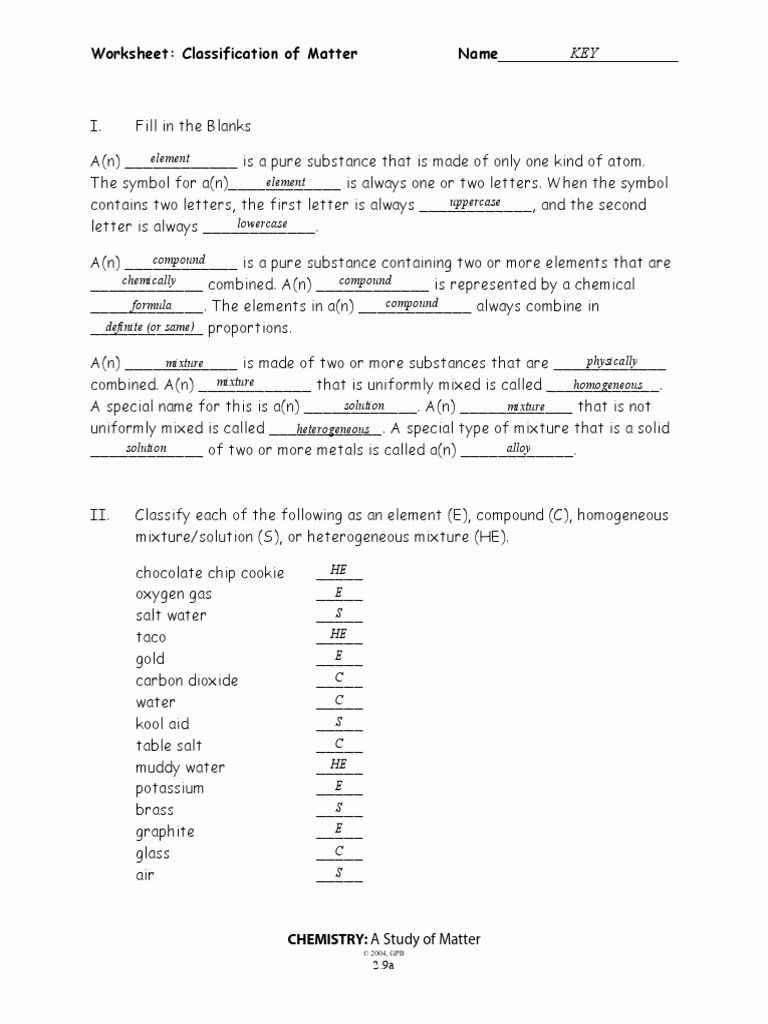 Classifying Matter Worksheet Answers