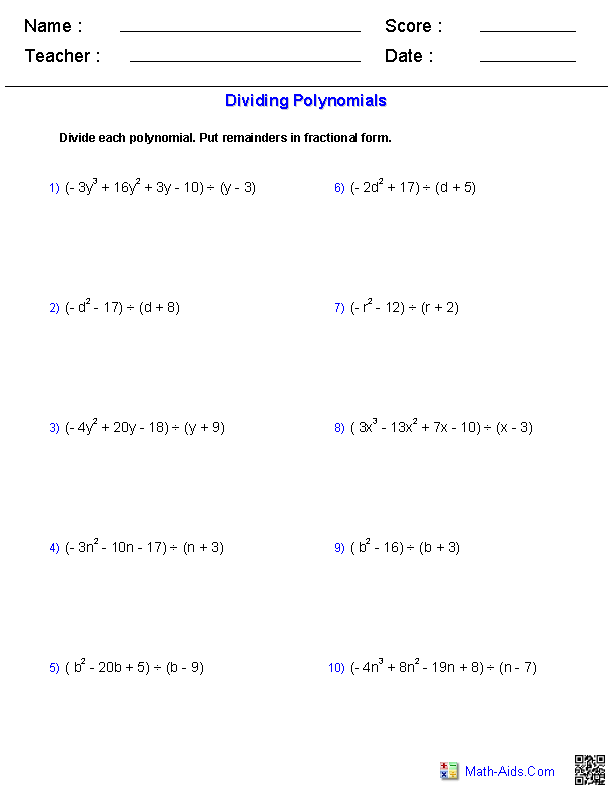 Multiplying And Dividing Polynomials Worksheet