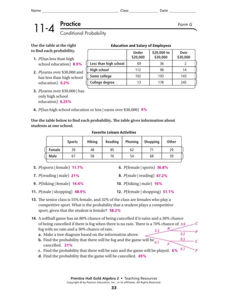 Conditional Probability Worksheet Answers