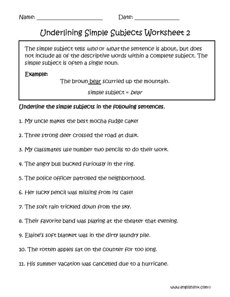 Subject Verb Object Worksheets Grade 2