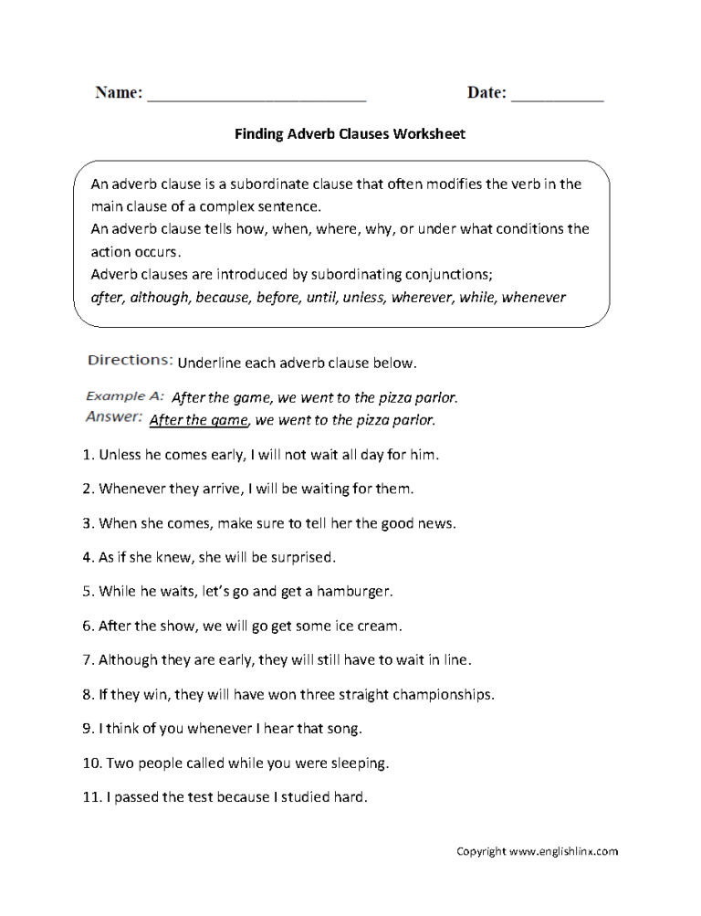 Adverb Clause Worksheet