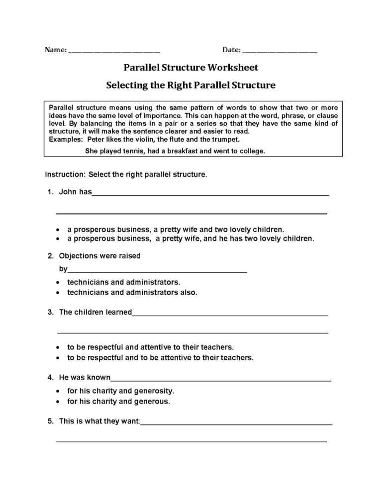 Parallel Structure Worksheet