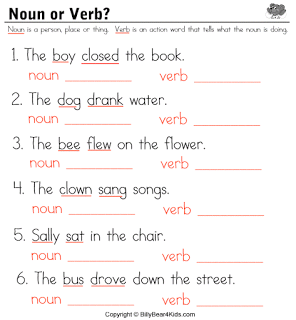 Noun Verb Adjective Worksheet Printable