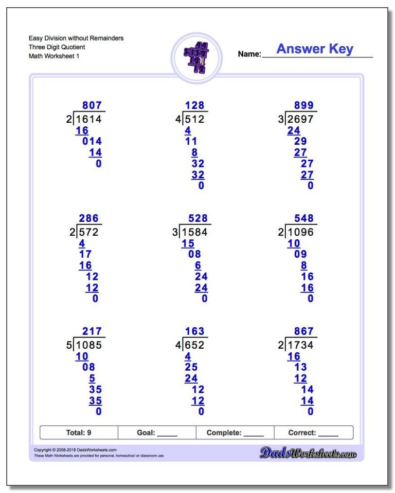 Long Division Questions No Remainders