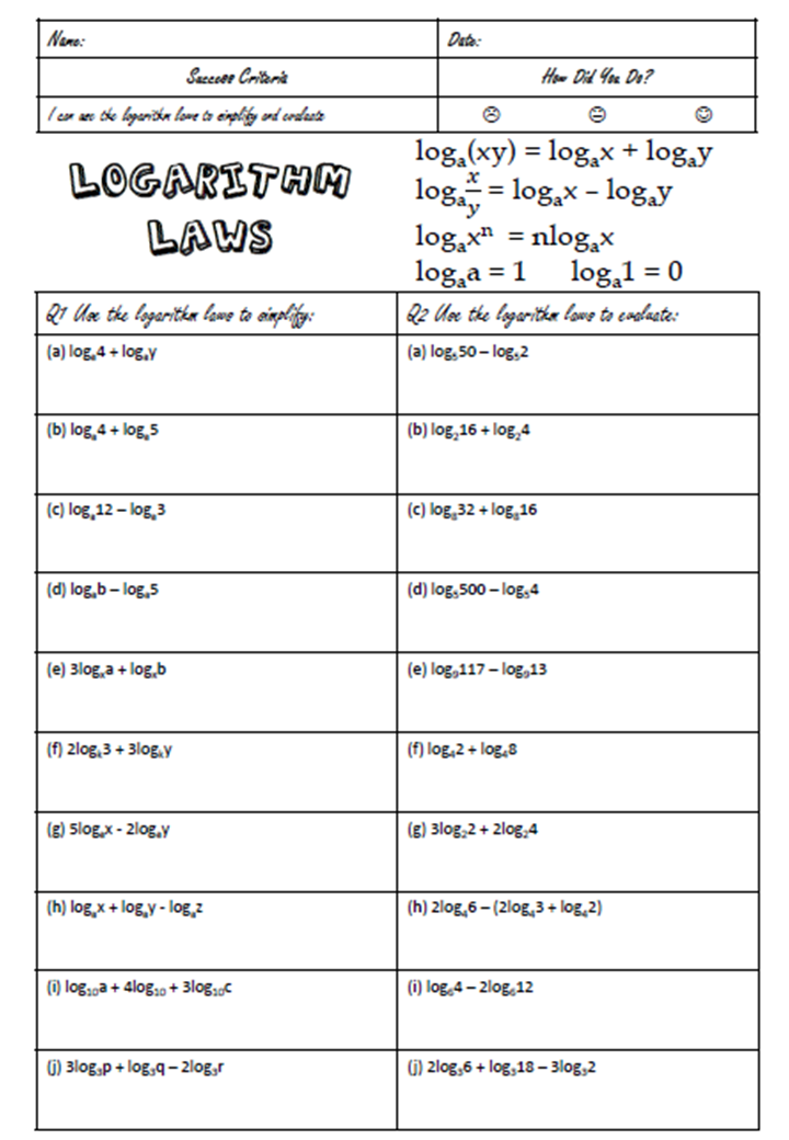 Logarithm Rules Worksheet