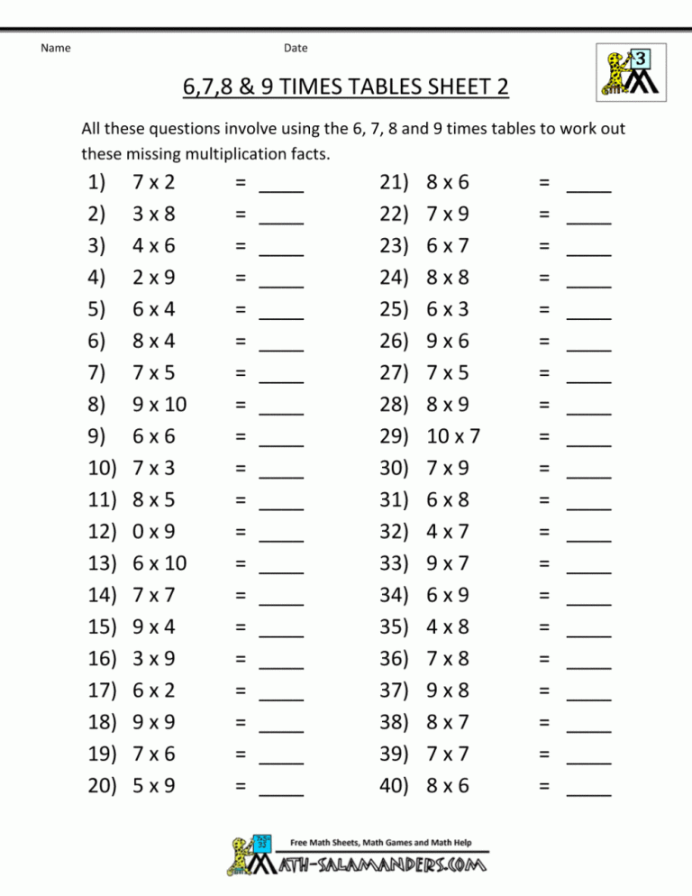 Mixed Times Tables Worksheets Year 4