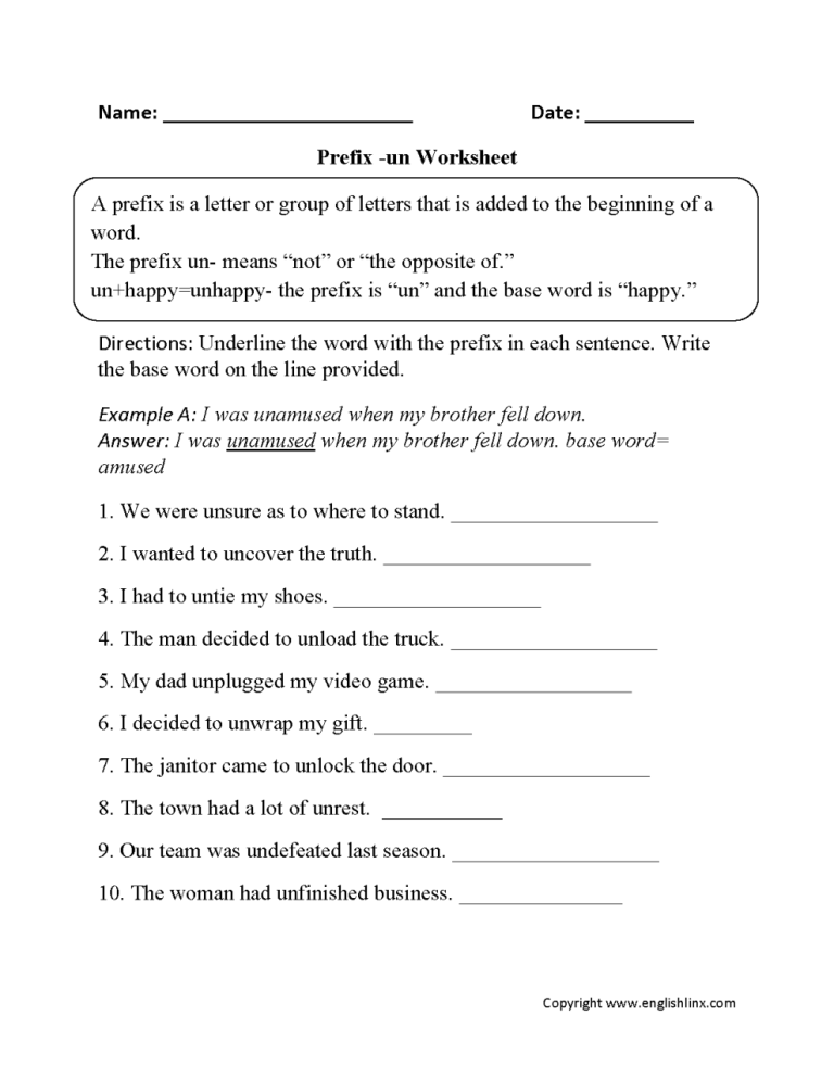 Prefixes Worksheets 3rd Grade