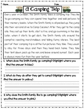 2nd Grade 5 W's Worksheet