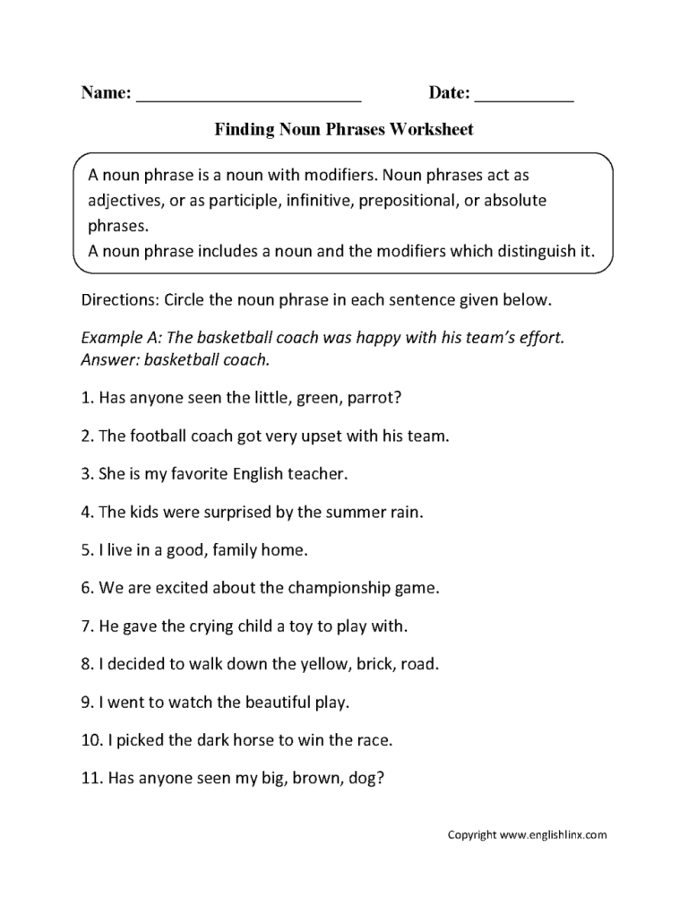 Adjective Phrase Worksheet For Grade 5