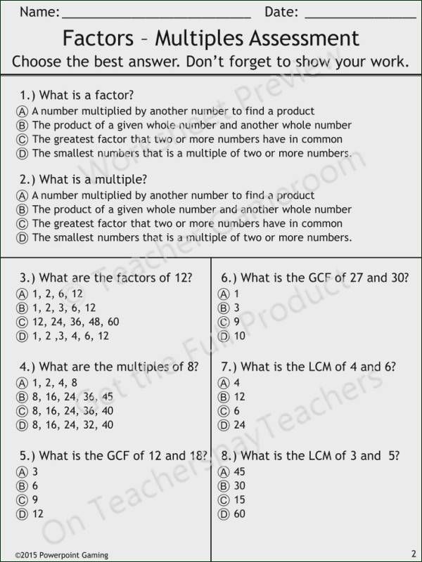 Factors And Multiples Worksheet Grade 6