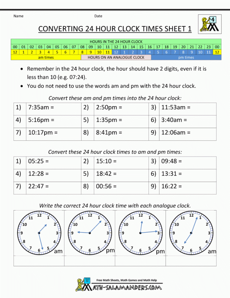 Time 24 Hour Clock Worksheets