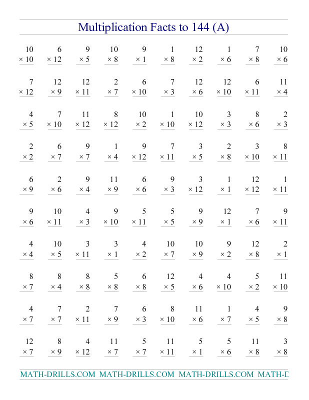 Multiplication Facts Worksheets To 144