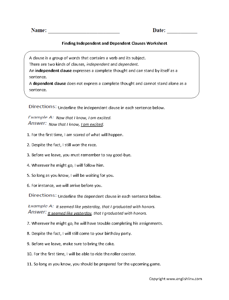 7th Grade Subordinate Clause Worksheet