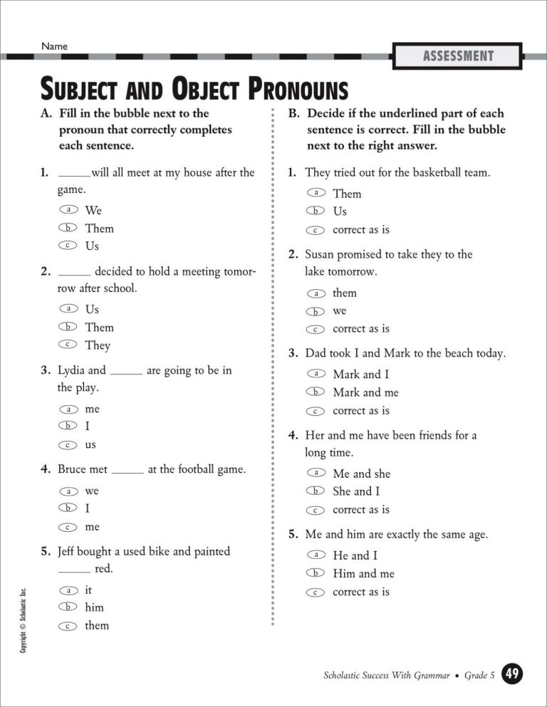 Subject And Object Pronouns Worksheet