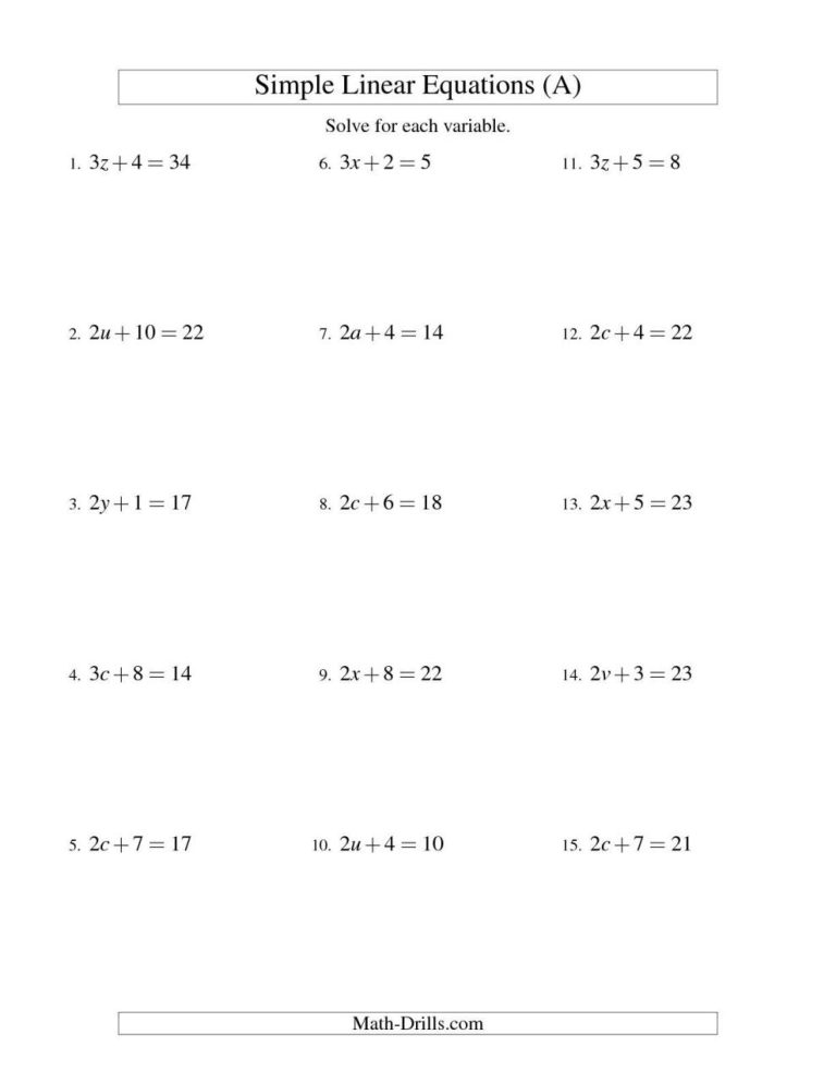 Equations Worksheet 7th Grade