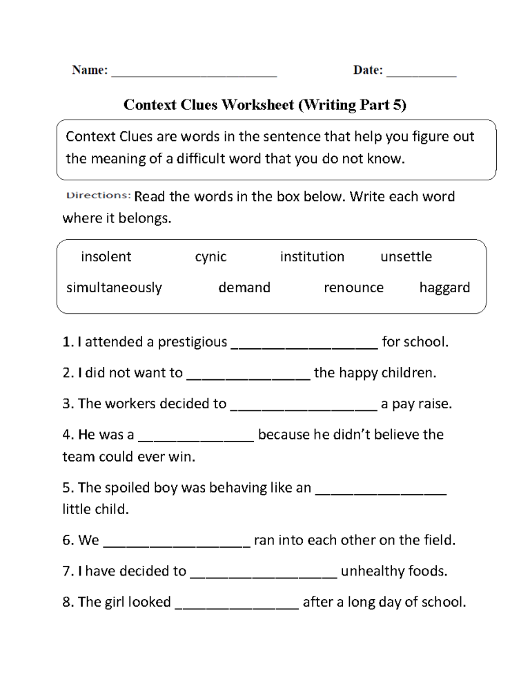 2nd Grade Context Clues Worksheets Pdf