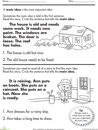 Reading Comprehension Main Idea Worksheets Pdf