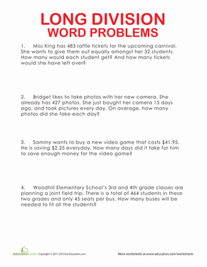 Long Division Word Problems Worksheets