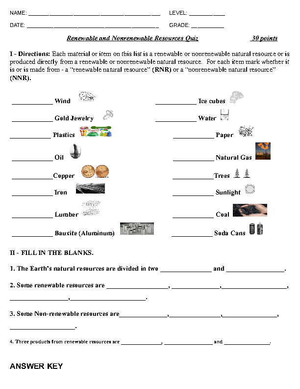 Renewable And Nonrenewable Resources Worksheet Answer Key