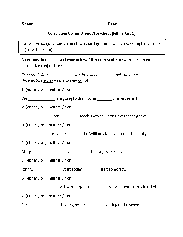 6th Grade Coordinating Conjunction Worksheet