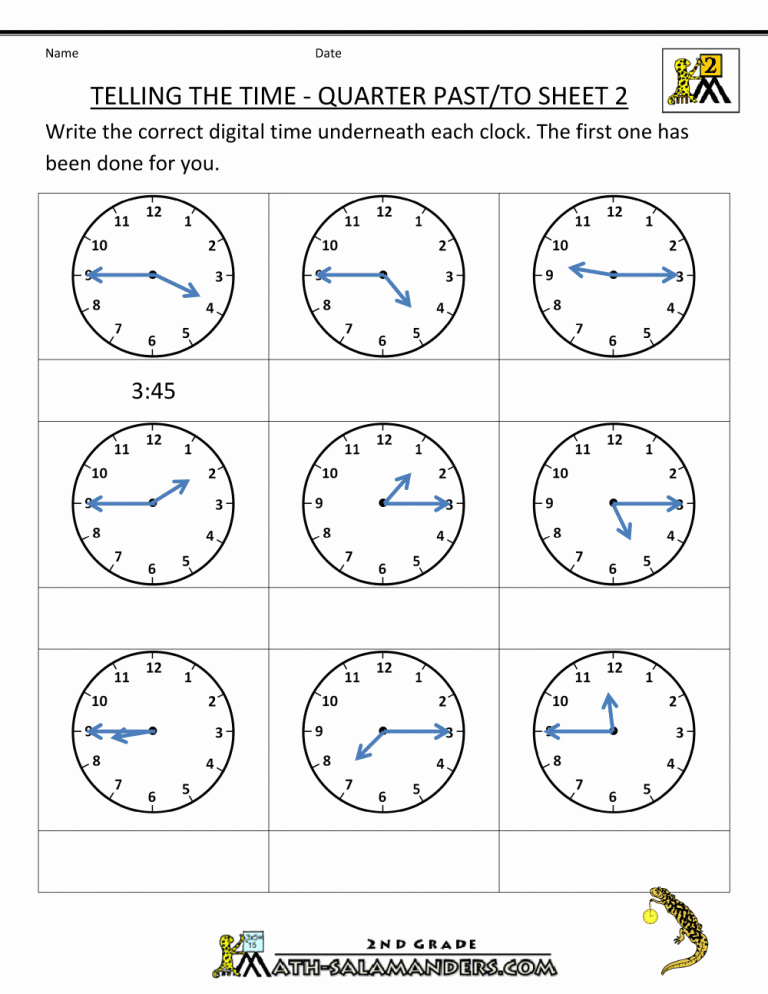 Quarter Past Time Worksheets Grade 2