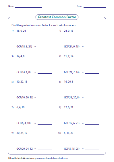 Greatest Common Factor Worksheets Grade 8