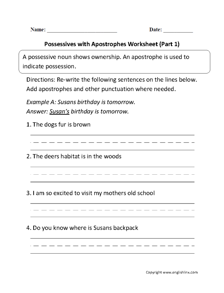 Grade 2 Possessive Apostrophe Worksheet