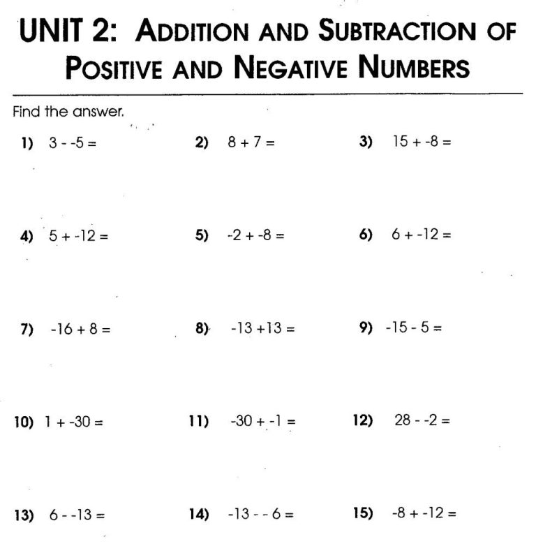 Subtracting Integers Worksheet With Answers