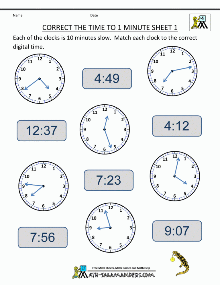 Printable Telling Time To The Minute Worksheets